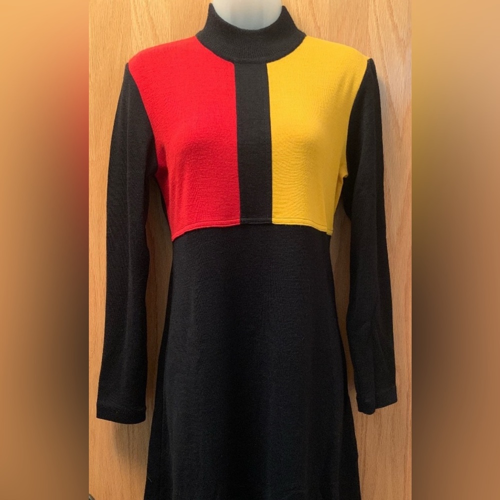 VTG 1980s Colorblock Sweater Dress Wool Black Red Yellow Small